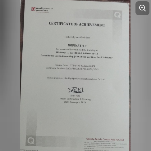 gopinath p certificate of achievment iso 4064 1 2 3